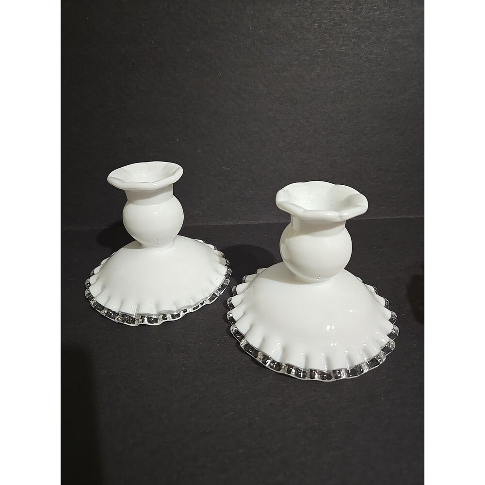 Fenton Silver Crest Milk Glass Ruffled Edge Candle Holders, Set of 2, Excellent